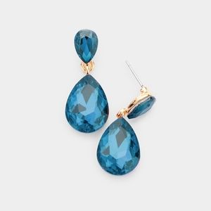 Zircon Blue Dangle Crystal Earrings 1.25 Inch Double Glass Teardrop